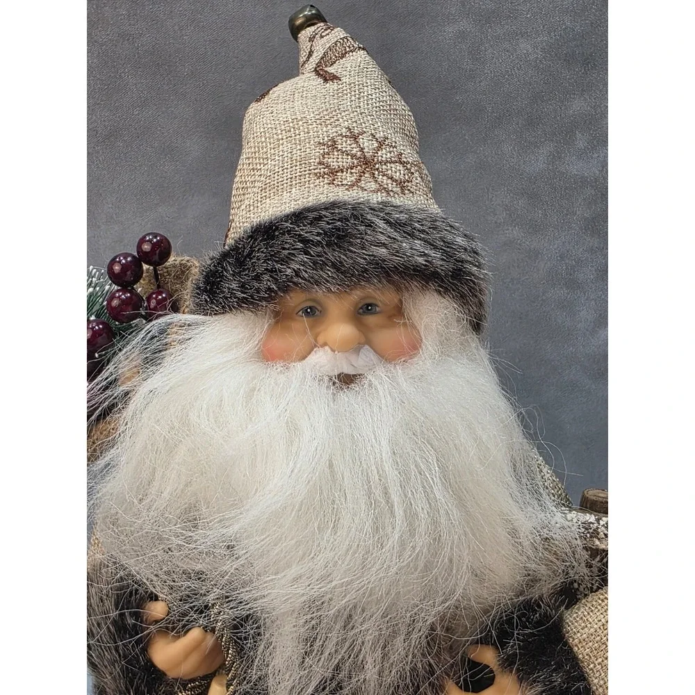 Rustic Santa Claus Christmas Tree Topper Burlap Faux Fur Woodland Reindeer 12in